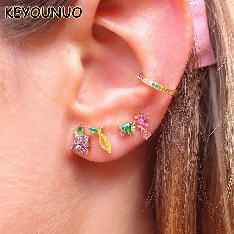 KEYOUNUO Gold Filled Animal Stud Earrings For Women Zircon Women's Fruit Colorful Earring Fashion Party Jewelry Wholesale