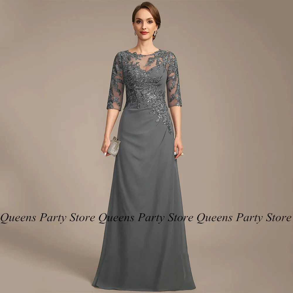 

Grey Mom Wedding Guest Dresses 3/4 Sleeves Round Neck Beading Applique Back Zipper A Line Chiffon Mother of The Bride Dress