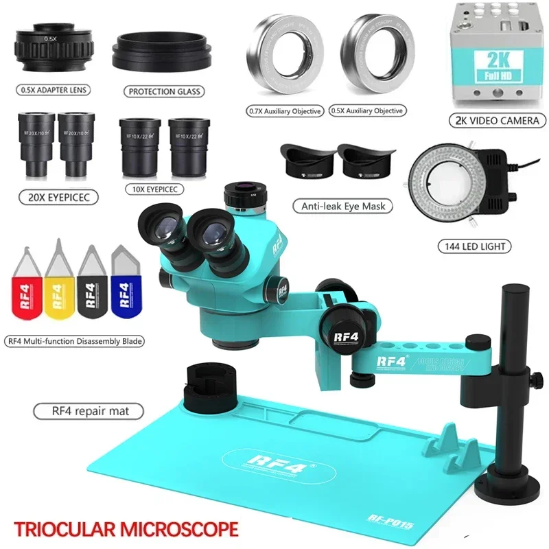 RF4 Folding Swing Arm Trinocular Microscope Insulation Silicone Welding Work Mat Stereo Microscope Set for PCB Soldering Repair