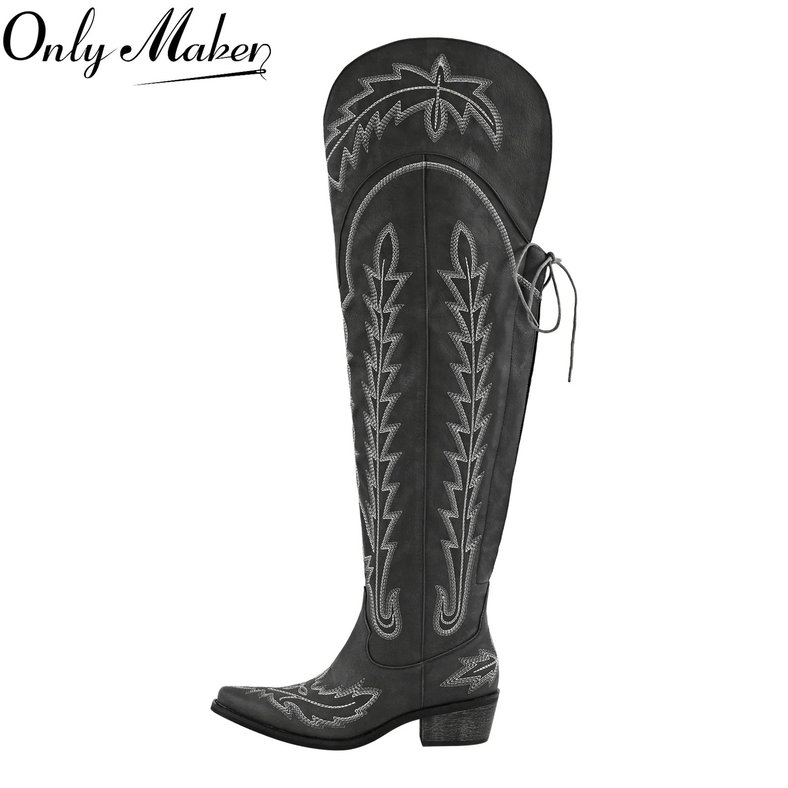 Onlymaker Women  Black Over the Knee Boots Red Cowboy Boots Side Zipper Western Embroidery Thigh High Boots