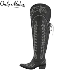 Onlymaker Women  Black Over the Knee Boots Red Cowboy Boots Side Zipper Western Embroidery Thigh High Boots