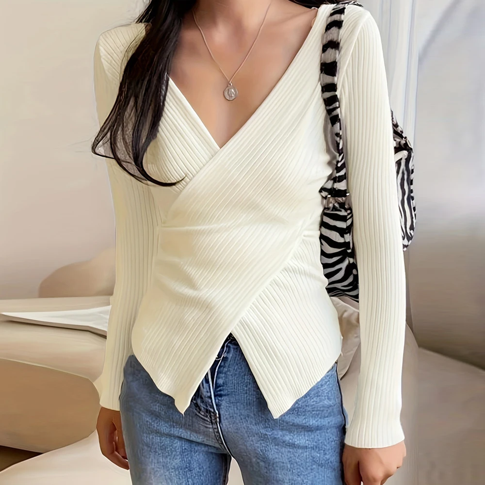 

Sexy Criss-cross V Neck Long Sleeved Pullovers Slim Shirt Women Stretchable Crisscross Wrap Sweater Coffee Elastic Skinny Top