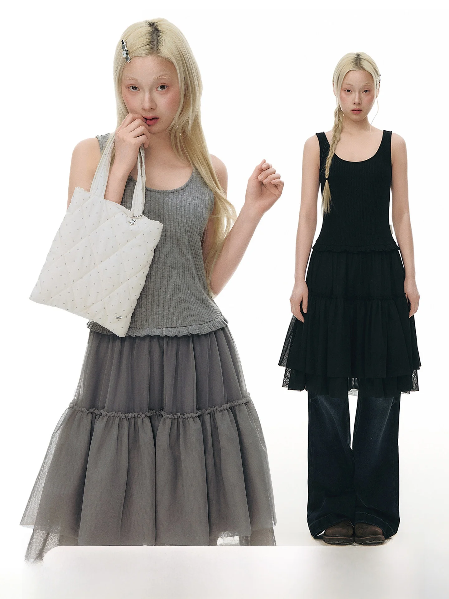 

NAPSNAPS Original Knitted Patchwork Vest Dress Women Spring Teenager round Neck Slim Fit Sleeveless Gauze Skirt Dress