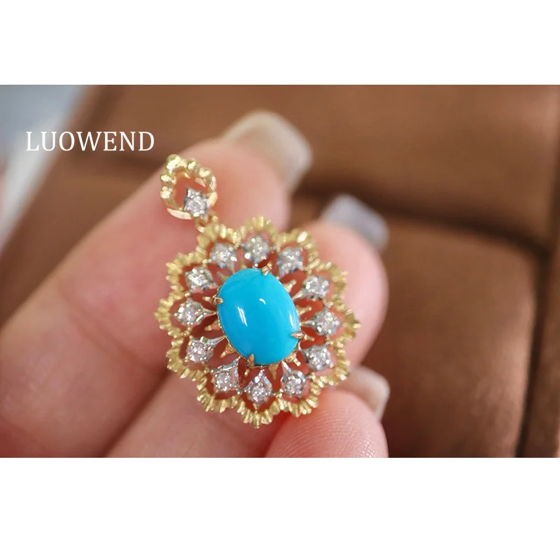 

LUOWEND 100% подвеска из желтого золота 18 карат, романтический винтажный стиль, блестящий бриллиант, натуральная бирюза, ожерелье, кулон, женские ювелирные изделия
