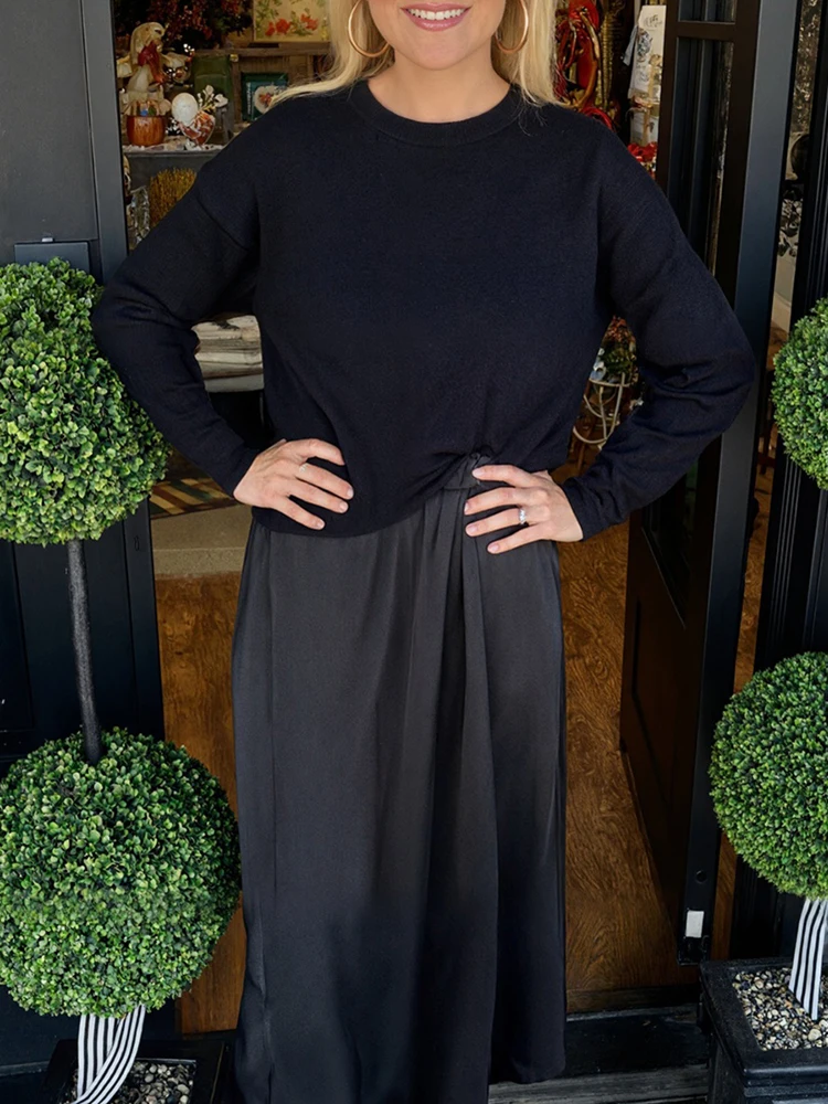 Simples e elegante roupas de festa feminino o-pescoço manga comprida camisola e vestido conjunto de duas peças novo outono casual sólido terno de deslocamento