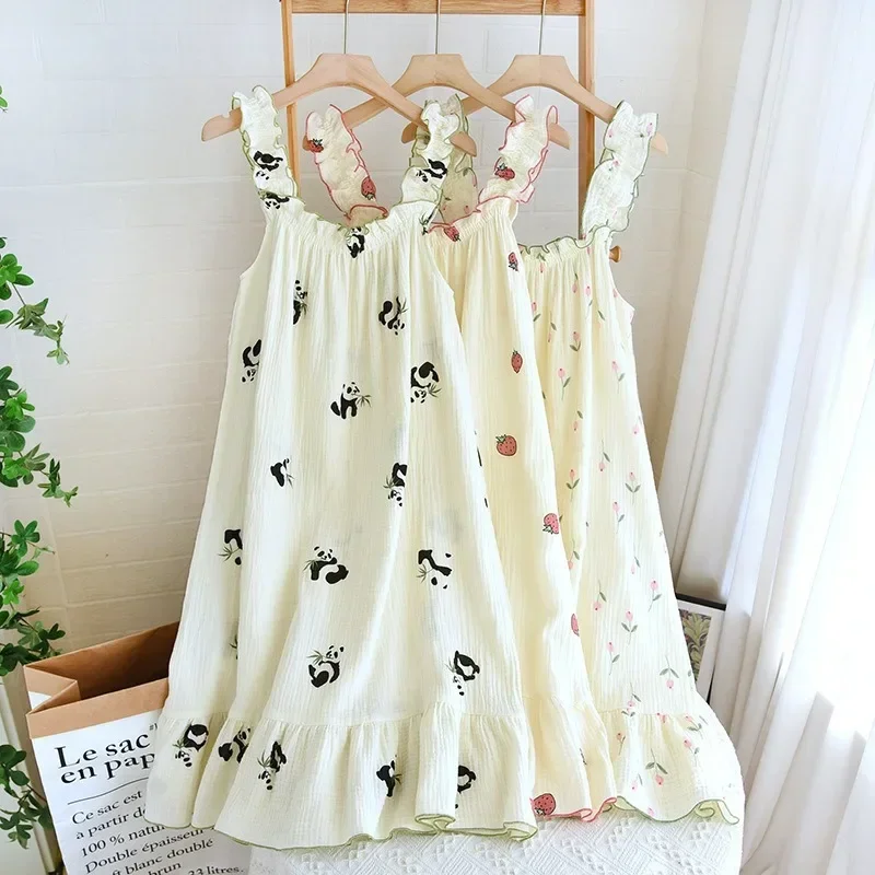 

New 100% Cotton Crepe Floral Print Pajamas Nightdress Ladies Suspender Comfortable Sweat Absorption Loose Nightwear