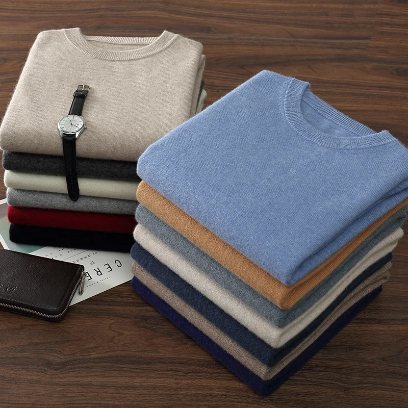

Свитер из 100% чистого кашемира, мужской вязаный джемпер с круглым вырезом, осень/зима, новые однотонные топы с длинными рукавами, деловая повседневная мужская одежда