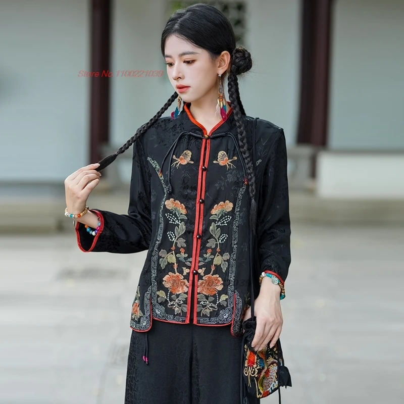 

2024 chinese vintage blouse national flower embroidery satin jacquard folk jakcet improved hanfu tops ethnic stand collar coat