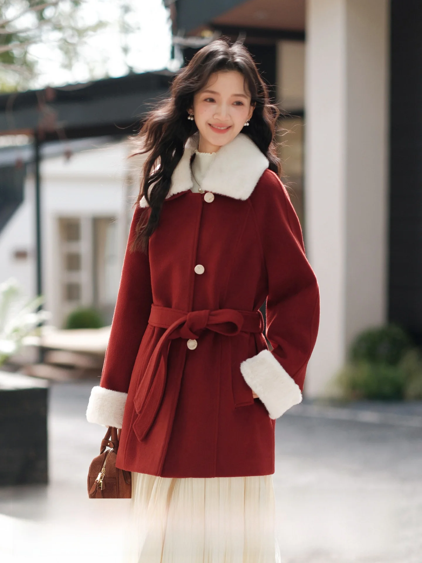 

Красное новогоднее шерстяное пальто женское, индивидуальный пошив, зимнее, винтажное, стильное, длинное, теплое, повседневная одежда