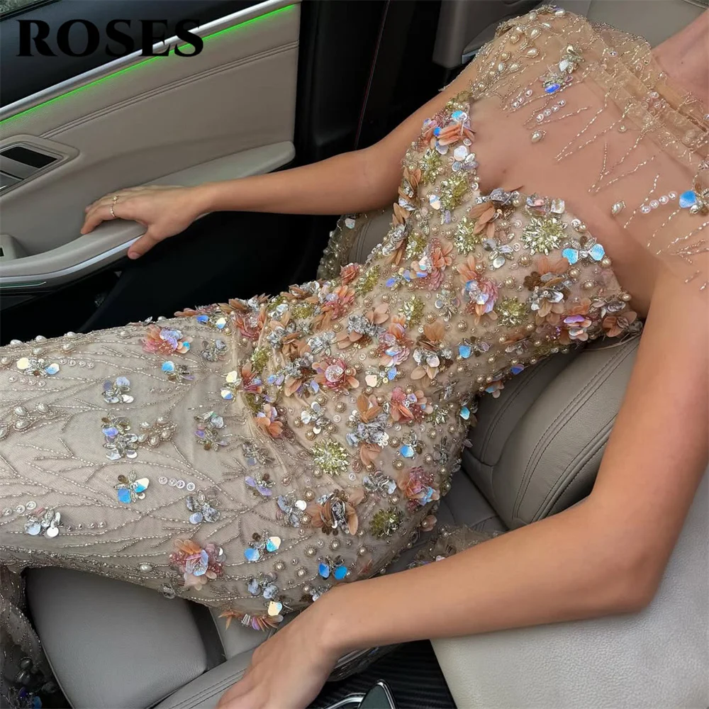 

ROSES Champagne Party Dress Sweetheart Mermaid Evening Dresses with 3D Floral فساتين السهرة Gala Dress Customized