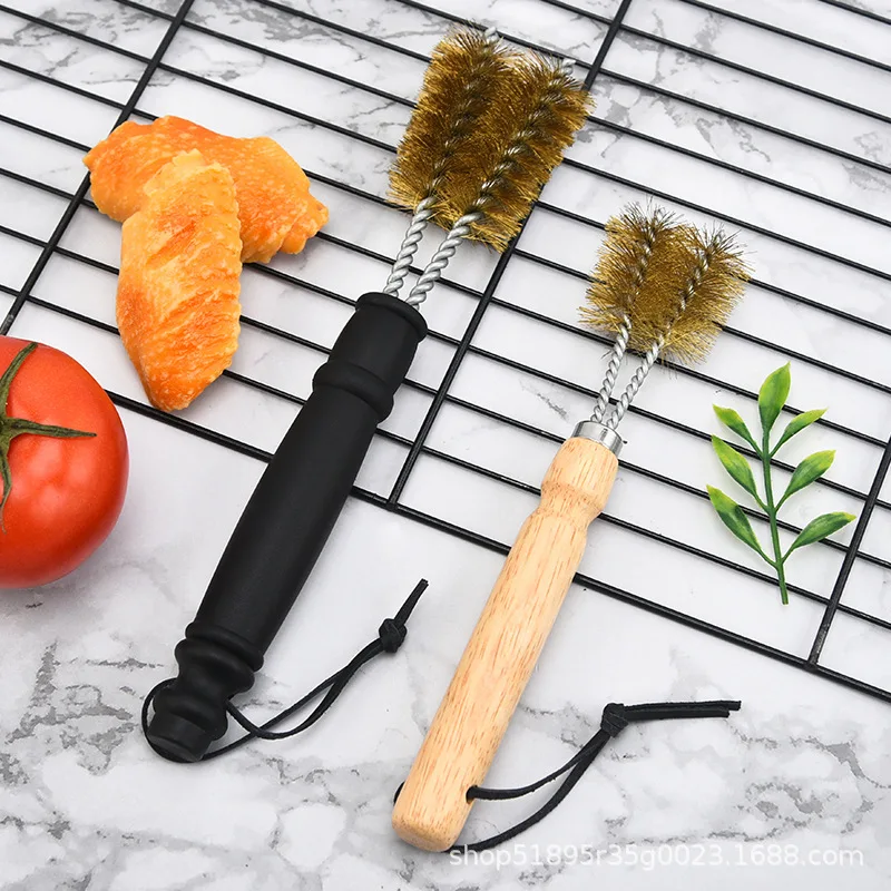 Barbecue Brush Double Headed Outdoor Multifunctional Wooden Handle Brush Steel Wire Barbecue Stove Special Cleaning Brush