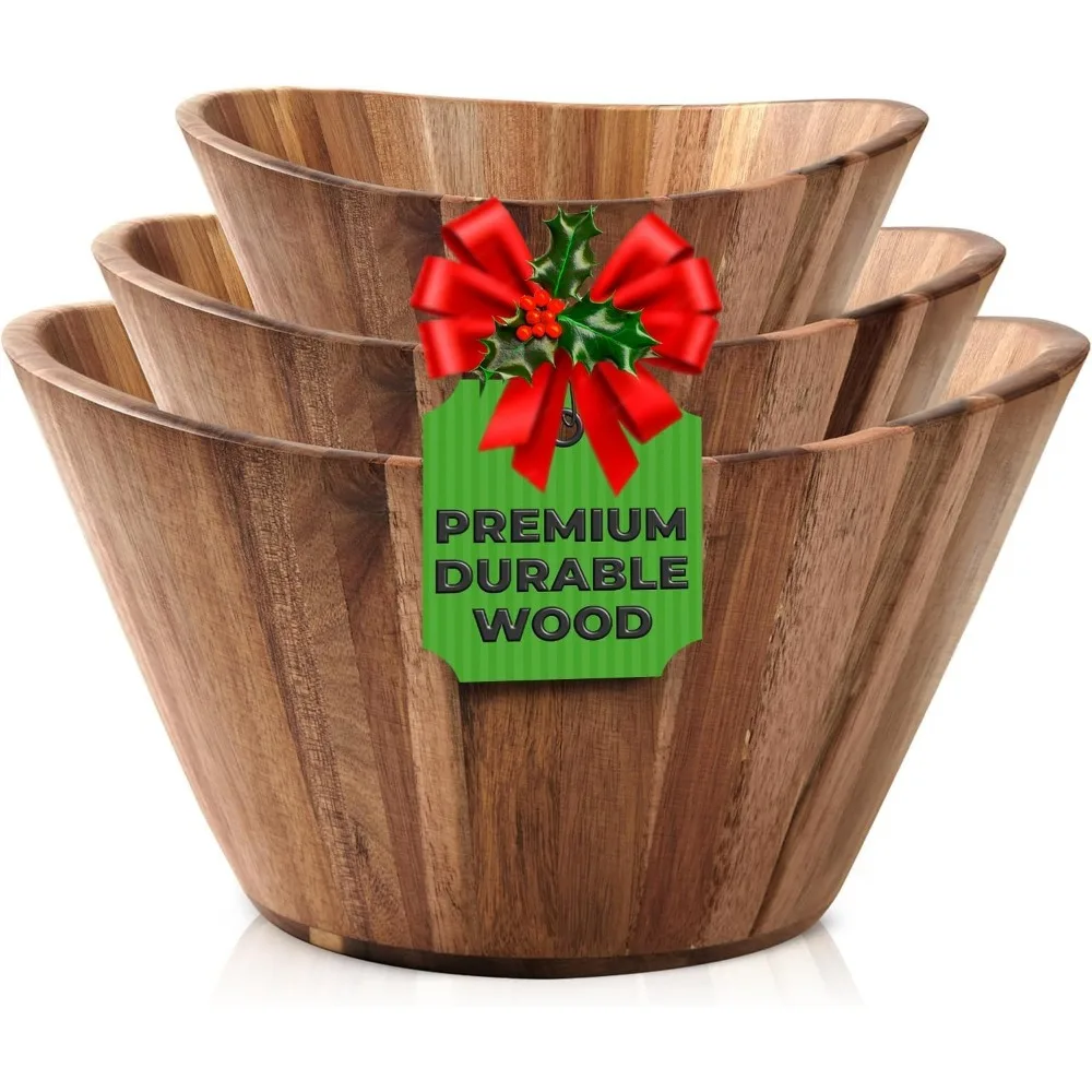 

Handmade Wooden Salad Bowl Set of 3 - Wavy Design, Durable Natural Wood Serving Bowls for Dining