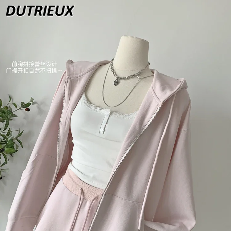 Spring and Autumn New Long Sleeve Solid Color Hoodie Coat Female Early Autumn New Fashion Casual Pink Sweatshirt + Short Skirt