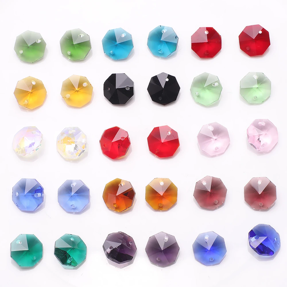 40Pcs Chinese Jewelry Beading 14mm Facetd Glass Loose Spacer Octagon Beads DIY With Double Holes Crystal Pendant For Chandeliers