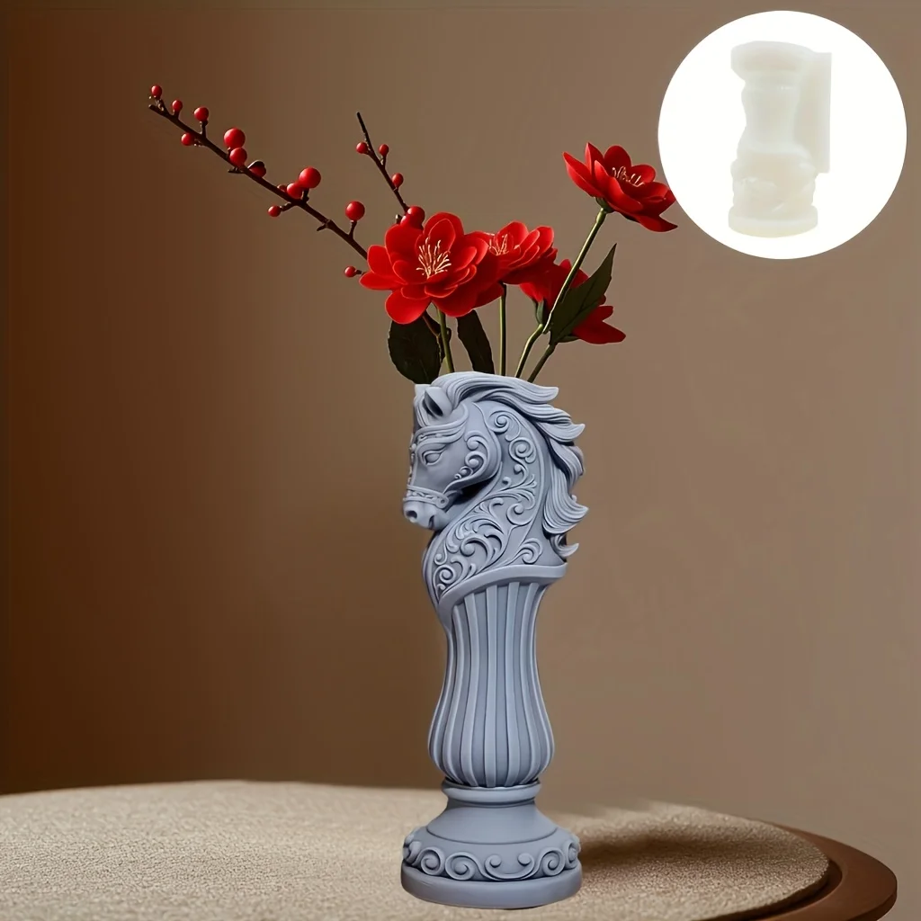 Pferdekopf Römische Säule Zylindrische Vase Harz-Silikonform Musterrelief Pferdekopf Zylindrische Blumenvase Form Schachpferd