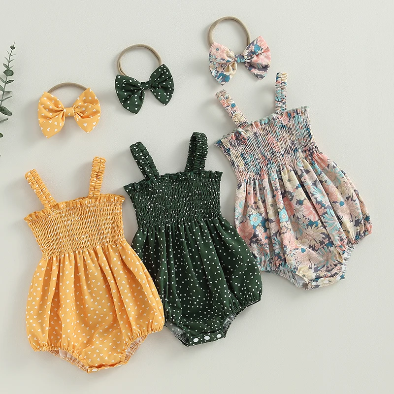 EWODOS Baby Girl Spring Outfits, Sweet Cute Sleeveless Frill Smocked Romper with Headband Set 2Pcs Outfits Baby Girls Clothes