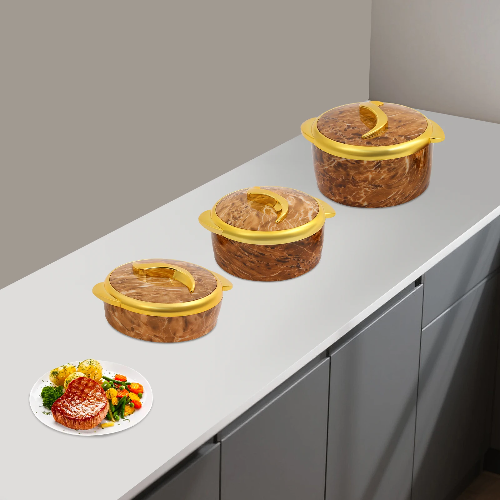 

3Pcs Insulated Stainless Steel Containers, Thermal Serving Bowls with Lid, for Keeping Hot/Cold Food (1.5L/2L/2.5L, Yellow+Gold)