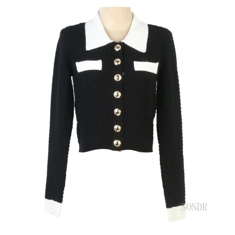 Celebrity Cardigan Crop Top Women Black Knitted Cardigan with White Lapel Korean Fashion Short Sweater Jacket Sueters De Mujer