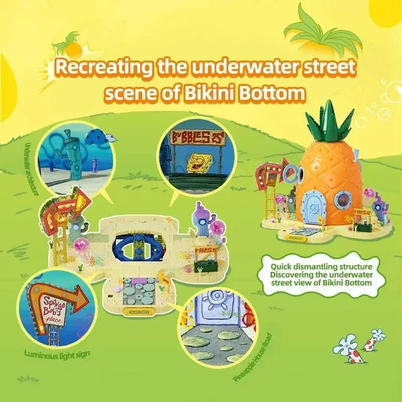 SpongeBob Schwammkopf Bausteine Ananas Haus Krabby Patty Restaurant Ziegel Modell Set Desktop Ornamente Kinder DIY Spielzeug