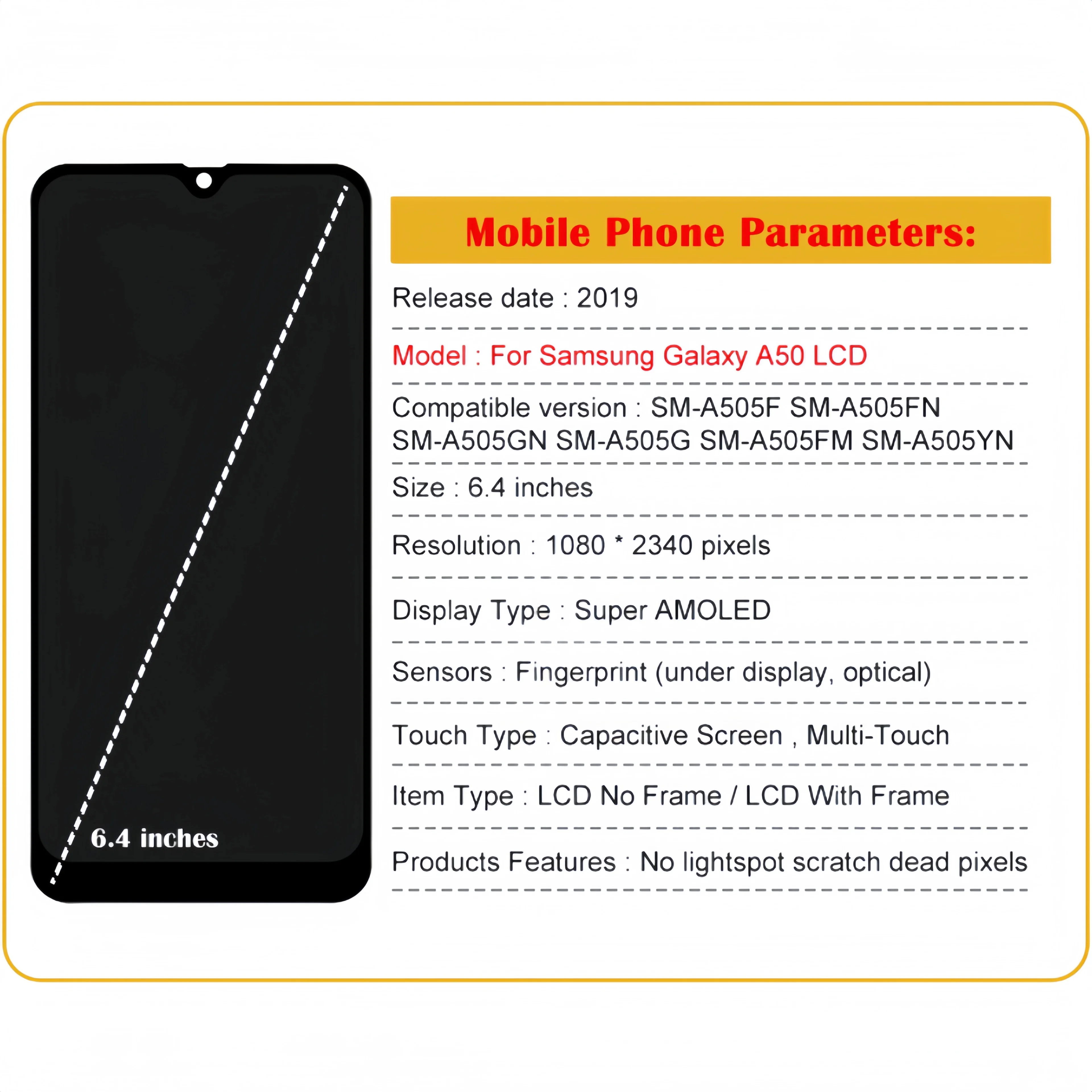 LCD Display Touch Screen Digitizer Assembly Replacement, Samsung Galaxy A50 A505 SM-A505F, A505FN, A505GN, A505G, A505FM, A505YN