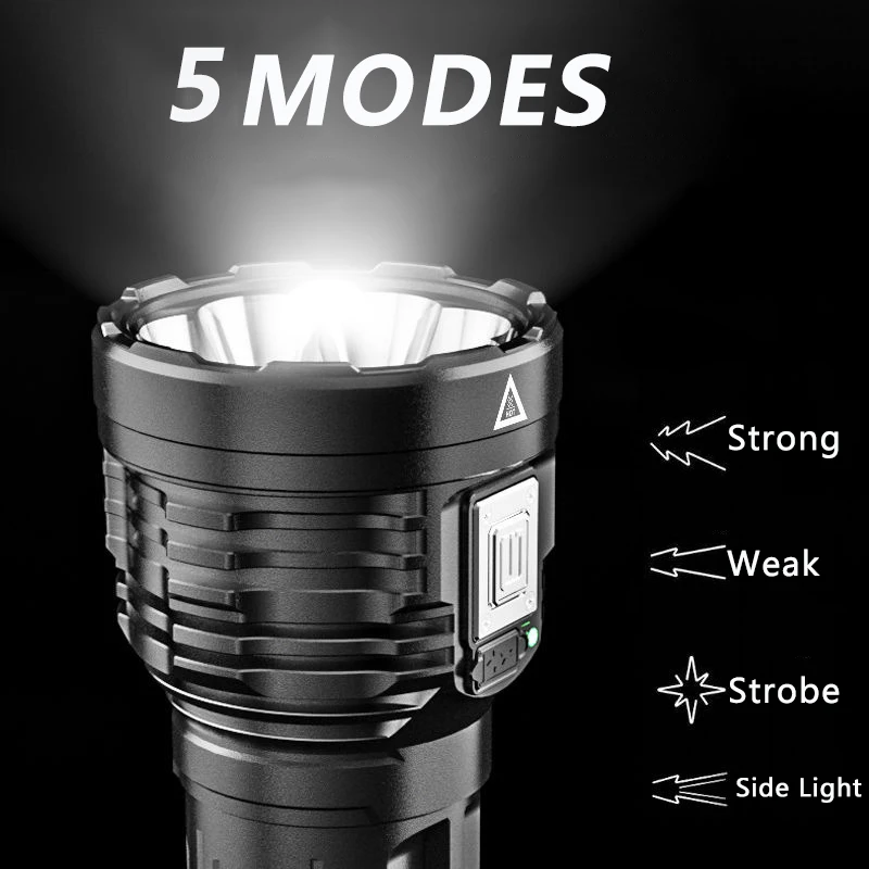 Powerful LED Flashlights Outdoor Waterproof Torch 8 Core LED Flashlamp with Side Light USB Rechargeable Lantern Built-in Battery