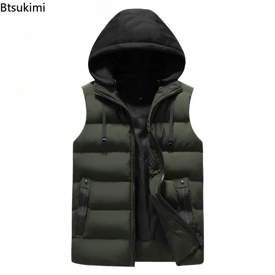 New Men's Casual Warm Hooded Vest Solid Thicken Waistcoat Autumn Winter Waterproof Warm Sleeveless Jackets Outdoor Vest for Men