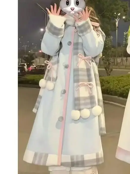 

Japan Autumn And Winter Sweet Woolen Mid-Length Coat College Style Cute Bow Student Atmosphere Scarf
