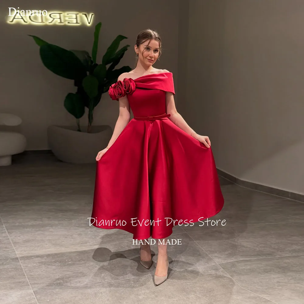 

Dianruo A Line Midi Satin Evening Dresses Off Shoulder 3D Flowers Robes De Soirée Asymmetric Neck Vestido De Fiesta Customized
