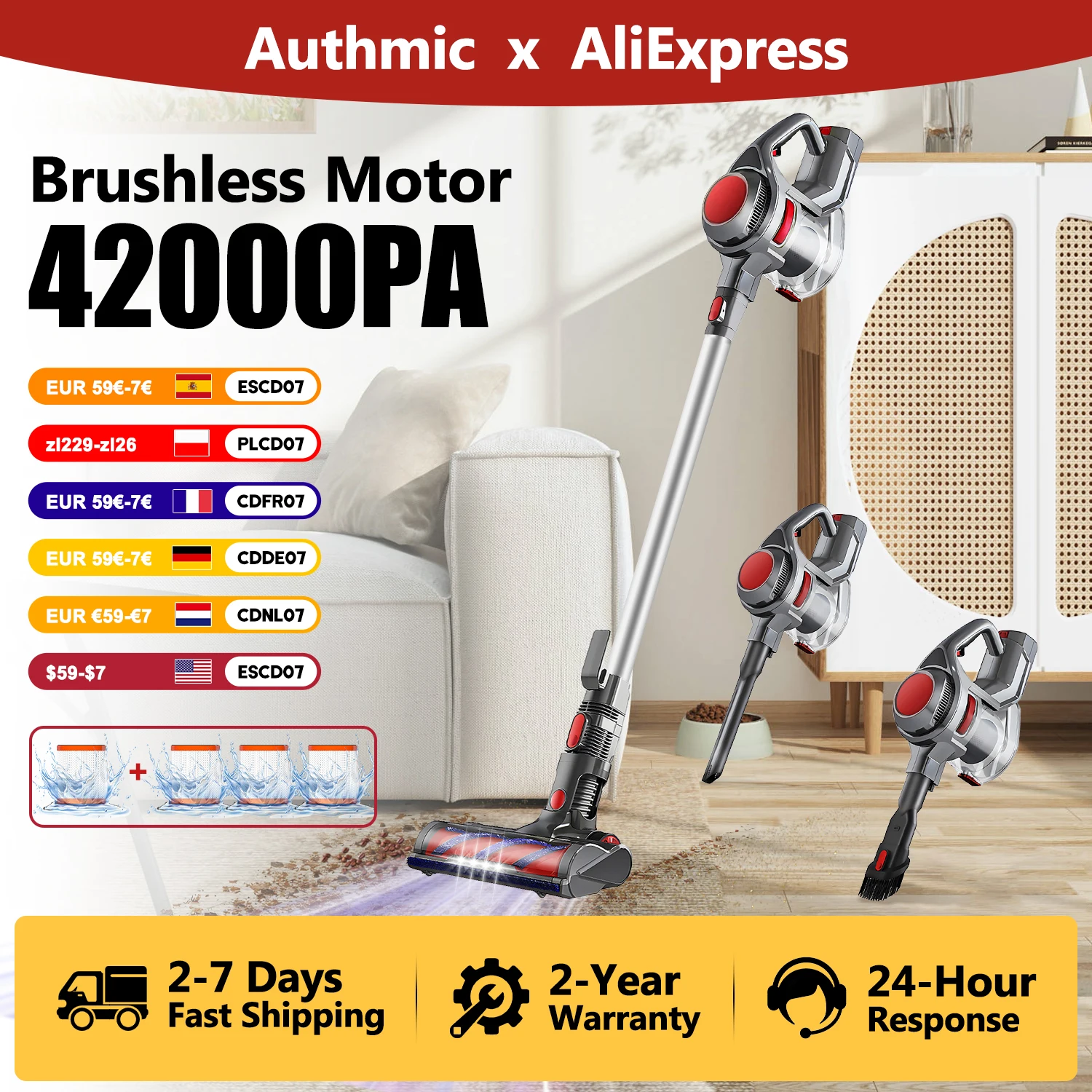 Authmic Akku-Staubsauger – 42000 Pa Saugleistung, 500 W, 50 Minuten Laufzeit, 5-in-1-Vielseitigkeit,