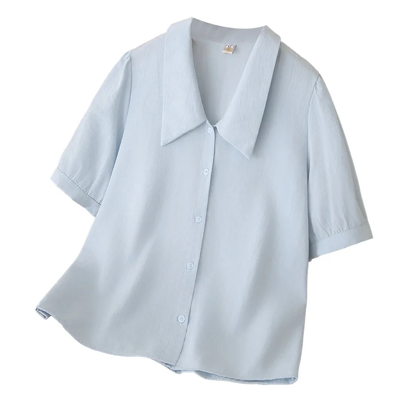 

Летняя блузка больших размеров 2026 с коротким рукавом, воротником-стойкой, элегантная повседневная, с открытым передом, приталенная, для пышных женщин # 549