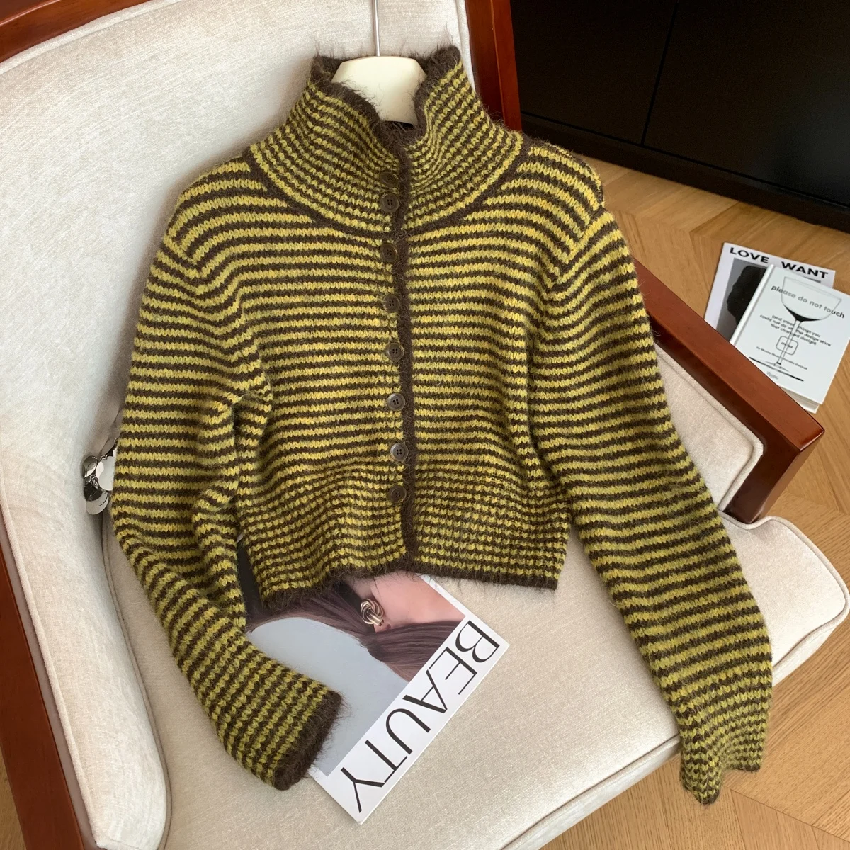 

Женский желтый полосатый кардиган, японский свитер, винтажный джемпер Y2k 2000-х годов, трикотаж, водолазка с длинными рукавами, свитер, весна-осень