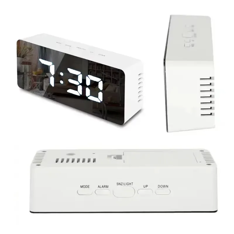 Digital Mirror Clock LED Alarm Clock Electronic Desktop Clock With Temperature Display Adjustable Brightness 12/24 Hours Table