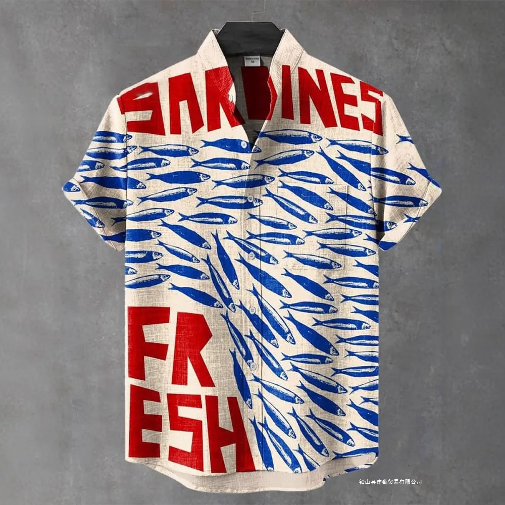 

2025 Summer Blue Fish Line Retro 3D Printed Casual Fashion 100% Linen Men's Short Sleeved Stand Up Collar Shirt