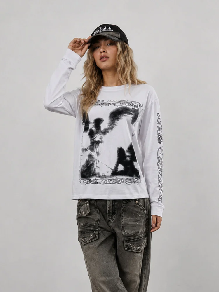 Autumn Y2K aesthetic Gothic streetwear retro angel thorn pattern round neck long sleeved slim fit men's and women's T-shirt