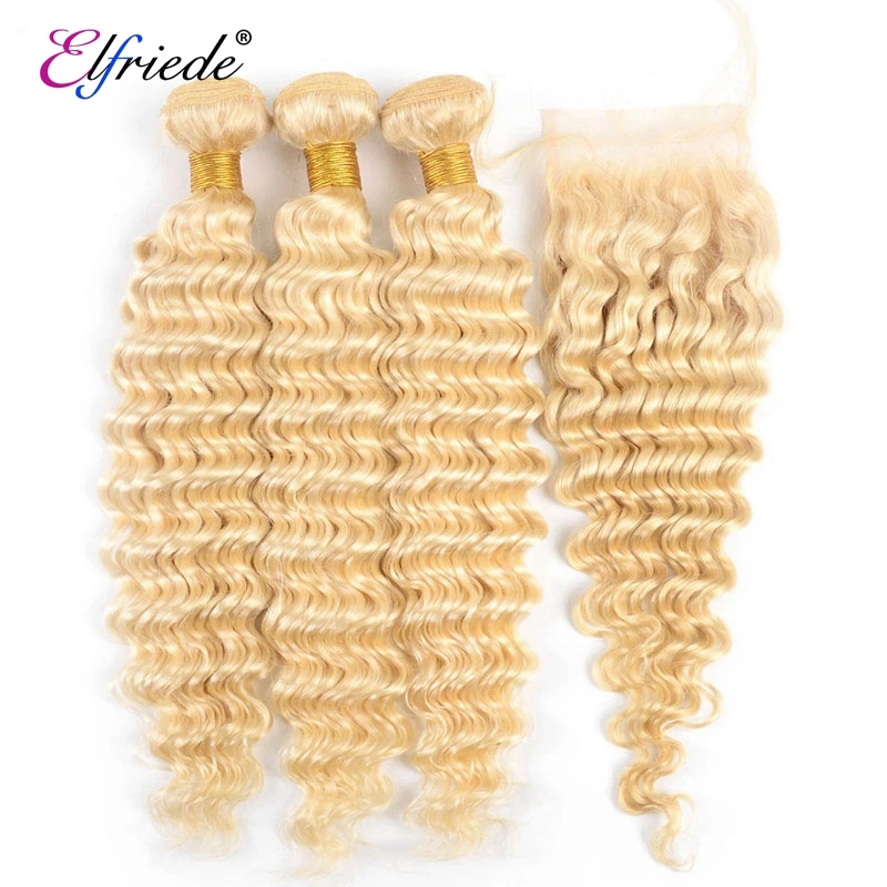 Elfriede #613 Blonde Deep Wave Bundles with Closure Brazilian Remy Human Hair Weaves 3 Bundles with 4X4 Transparent Lace Closure