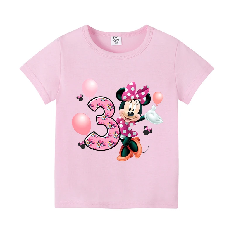 Minnie Mouse Children Pink T-Shirt Birthday Number 1-9 Disney Clothes Cute Anime Kids Girls Boys Tee Shirt Casual Birthday Gifts