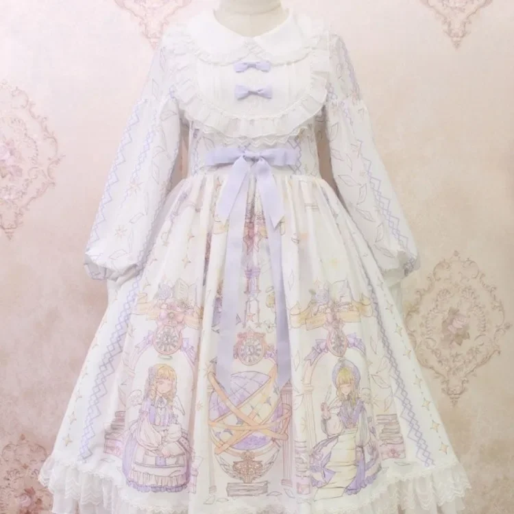 Japanese Sweet Kawaii Blue Lolita Long Sleeve Dress Fairy      White   Harujuku