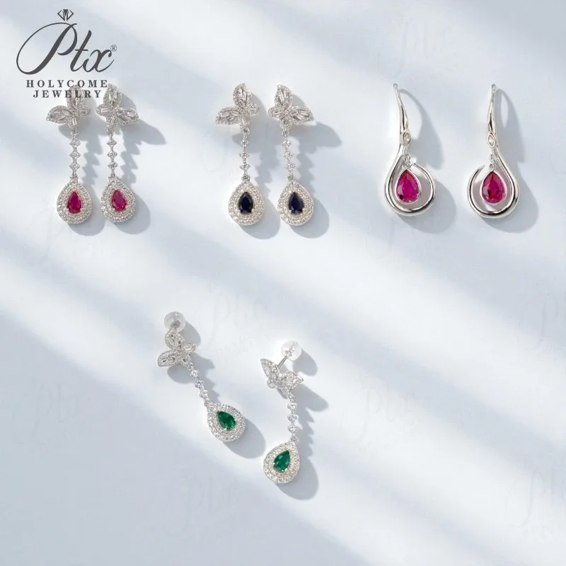 

Lab Grown Gemstone Earrings Ruby Sapphire Colombia S925 Long Design Style Ear Studs for Women Fashionable Aesthetic Party Daily