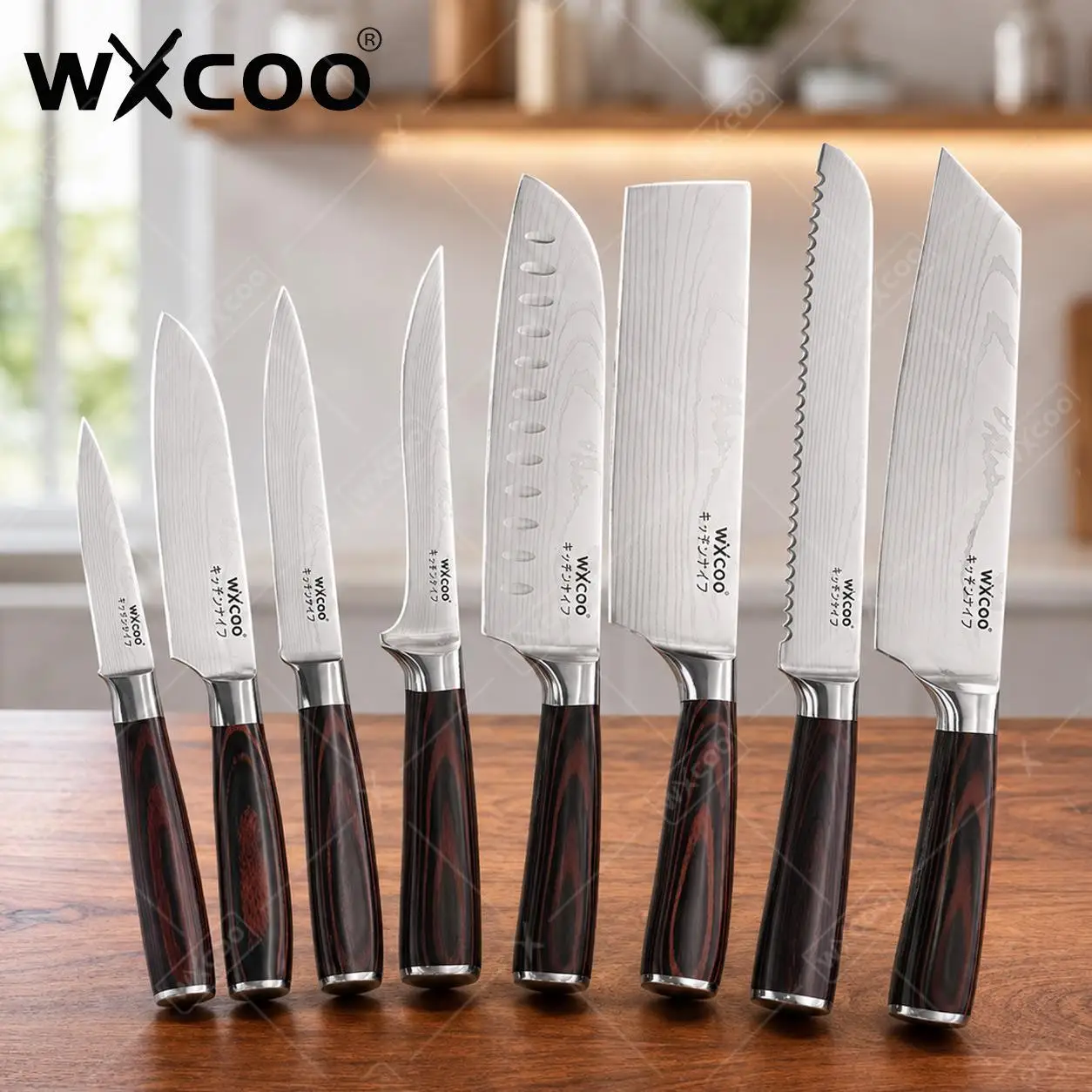 WXCOO Japanische Küchenmesser aus Hochkohlenstoffstahl, Santoku-Metzgermesser, Tranchiermesser, Entgrätungsmesser, Obst-, Brot- und Fleischhackmesser-Set