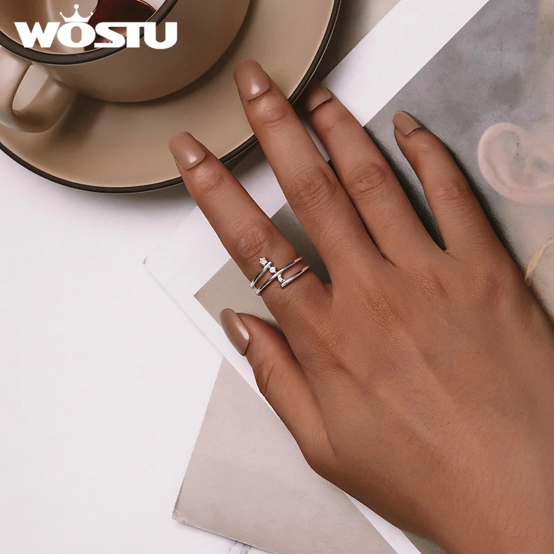 WOSTU Real 925 Sterling Silver Luxury Multi-layered Stars and Moon Ring Shiny Zircon Rings for Women Birthday Gift Jewelry Party