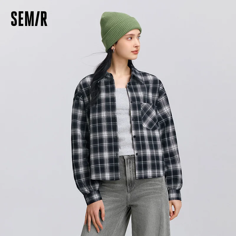 Semir Long Sleeve Shirt Women Short Vest Loose Checkered Shirt 2025 New Spring Two-Piece Set for Stylish and Comfortable Wear