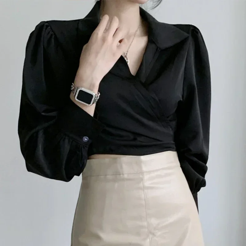 

Осень-зима женские блузки с длинным рукавом на шнуровке тонкий v-образный вырез женская винтажная рубашка повседневная Blusas Mujer 2021, корейская мода