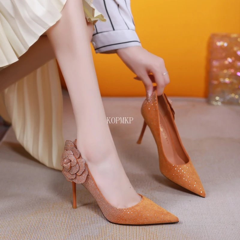 Elegant High Heels Rhinestone Wedding Shoes Bride Woman Heeled Dress Rose Pointed Toe Stiletto Pumps Luxury Orange Womens Loafer