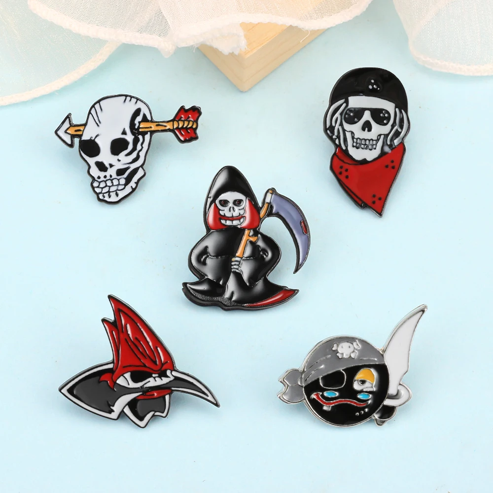 Funny Punk Skeleton Enamel Pin Pirate Sickle Red Scarf Skull Ghost Badge Brooch Backpack Clothes Lapel Pin Cool Fashion Jewelry