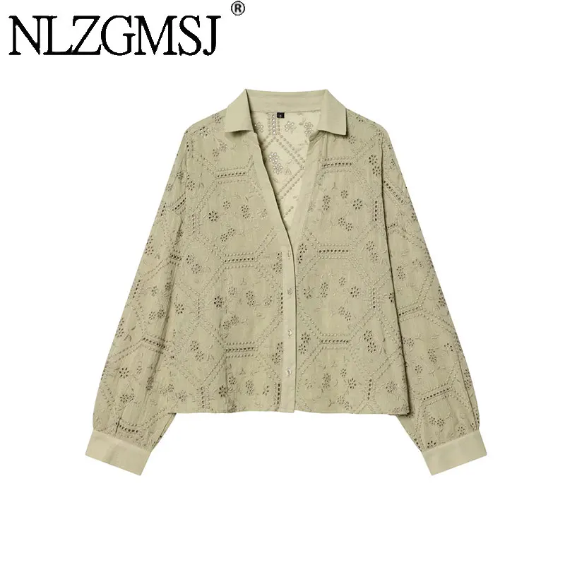 Nlzgmsj 2026 Frühling Damen Freizeitbluse mit Lochstickerei, Langarm, V-Ausschnitt, Knopfleiste, Elegantes Hohlmuster, Büro-Oberteil