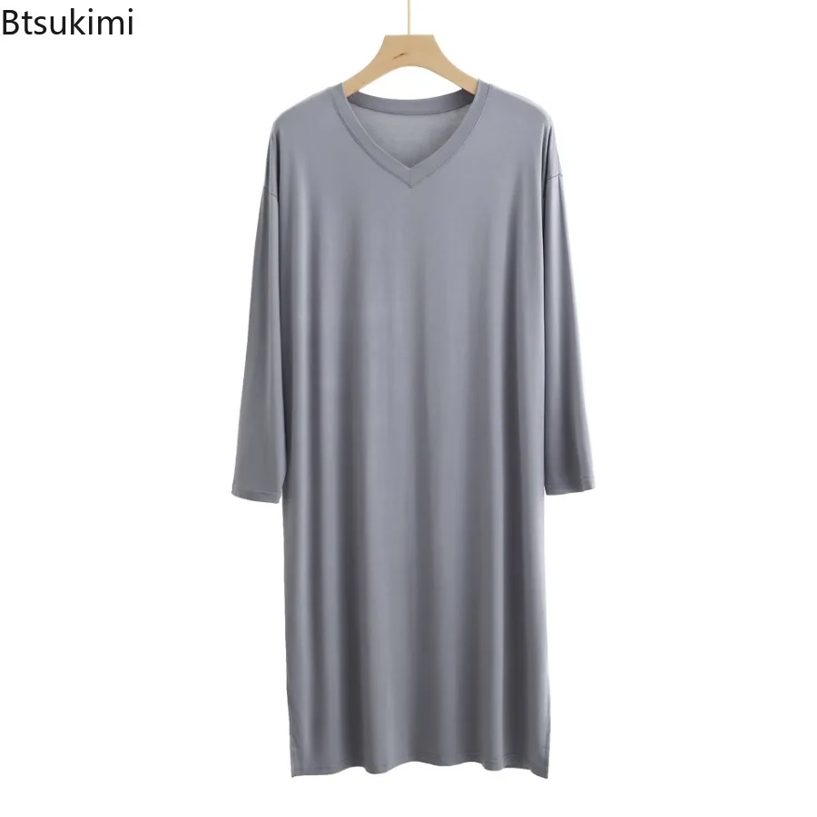 New 2024 Men\'s Pajamas Robes Casual Mid-long Knee Length Modal Home Clothes Soft Smooth Stretch Bathrobes Male Sleepwear Dress