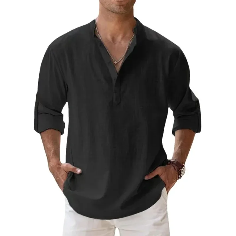 Camisas de lino y algodón para hombre, camisas informales ligeras de manga larga Henley, playeras Hawaianas, 10 colores, novedad de 2024