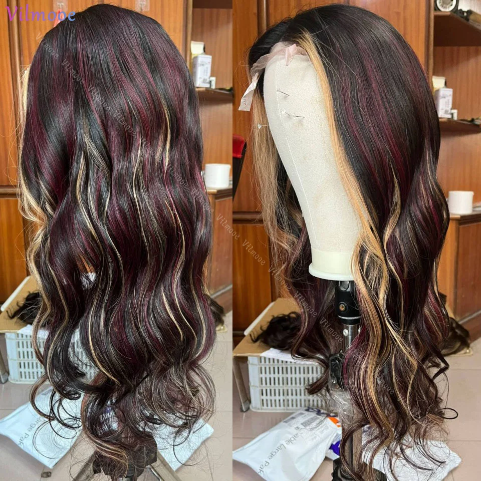 Blonde Highlights Burgundy Transparent Lace Frontal Human Hair Wig 13x4 Body Wave Brazilian Wigs 5x5 Silk Top Closure Wigs