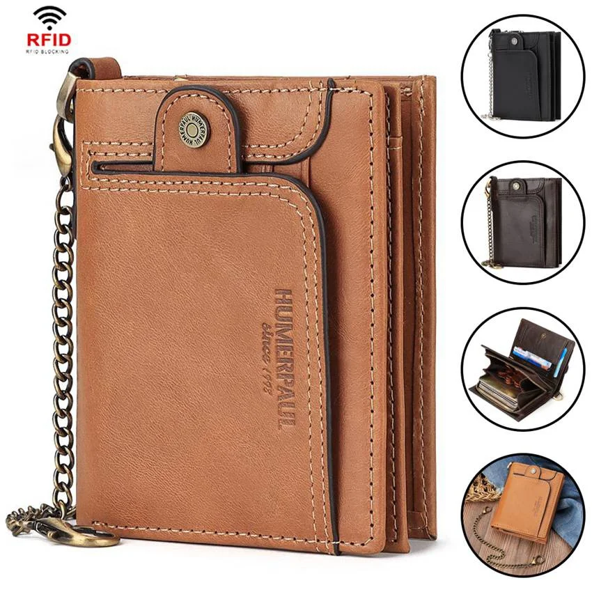 

Retro RFID Blocking Wallet Men's Cow Leather Chain Wallet Short Wallet Money Clip Card Holder Wallet Notecase