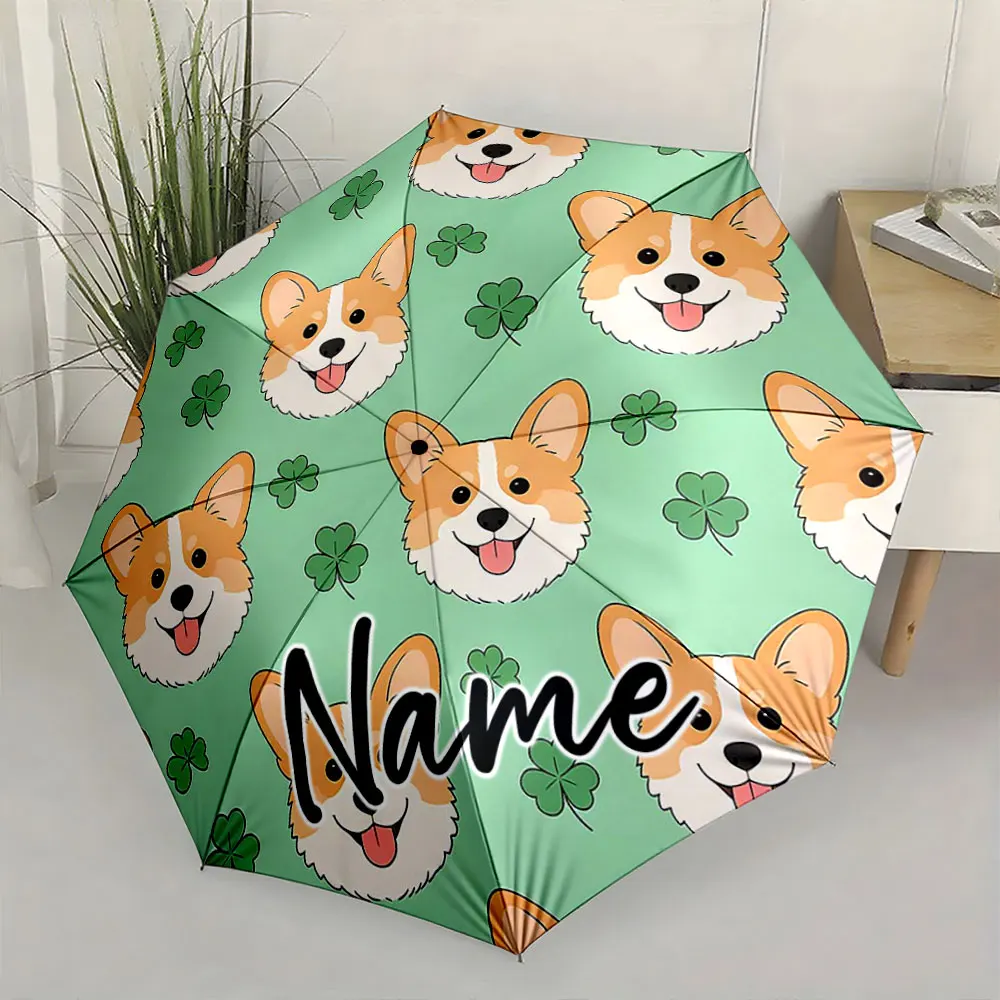 Custom Name Corgi Patterns and Clovers Adorn This Cute Umbrella Print 8 Iron Ribs Folding Umbrella Auto-Open Fashion Sunshade